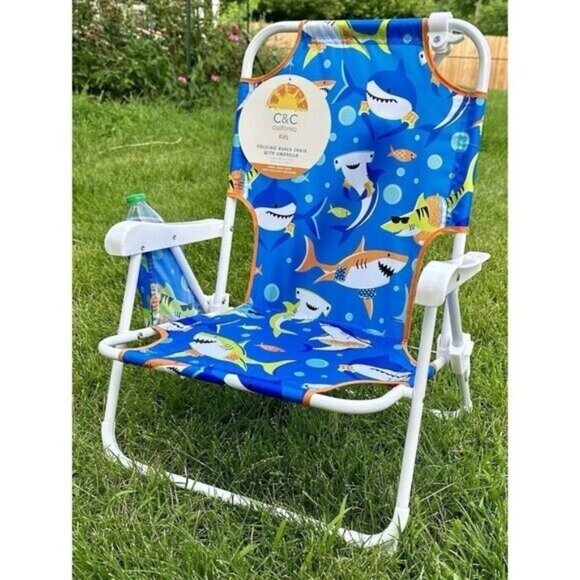 C&C CaliforniaBeach Chair Ages 3-6 Sharks Aquatic  Blue Umbrella Navy Cu… - Picture 2 of 9